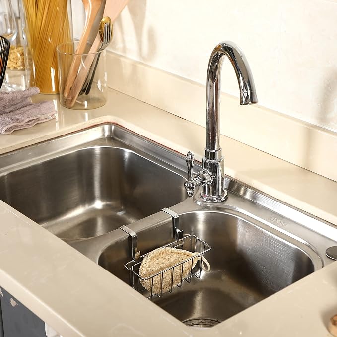 Hotop 2 Pieces Sponge Holder Kitchen Sink Caddy Metal Sink Organizer Basket for Scrubber Soap Towel Brush Dishwashing Liquid Drainer Rack in Kitchen Bathroom Bathtub, Silver - Image 7