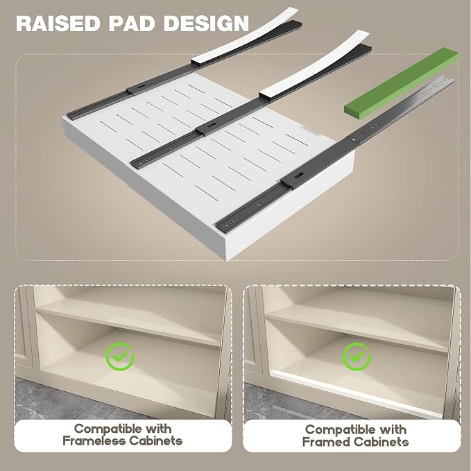 Seinloes 2 Pack Pull Out Cabinet Organizer 18" Deep,Full Extension 3 Slide Rails Slide Out Drawers With Raising Pad for Framed Cabinets,Expandable Width (15.4"-26.2"),No Drill Roll Out shelf,White - Image 2