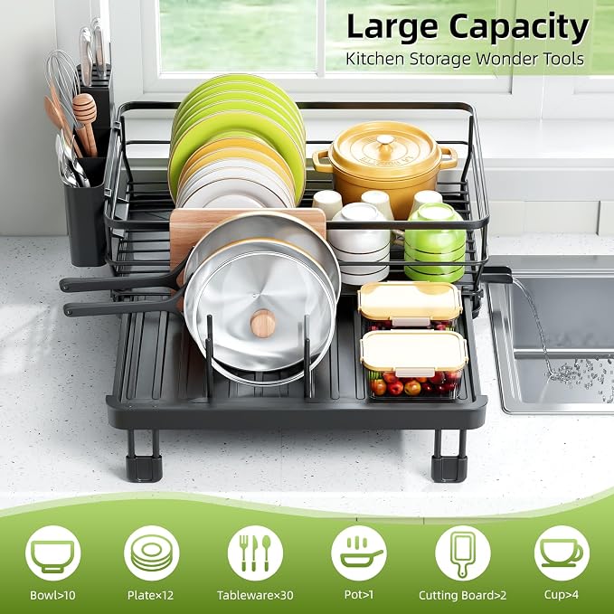 TOOLF Expandable Dish Drying Rack for Kitchen Counter, Black | Extendable 12"-22"W, Fast Draining, Large Capacity, Fits Large Plates, Utensil Holder, 3-4 People Family - Image 4