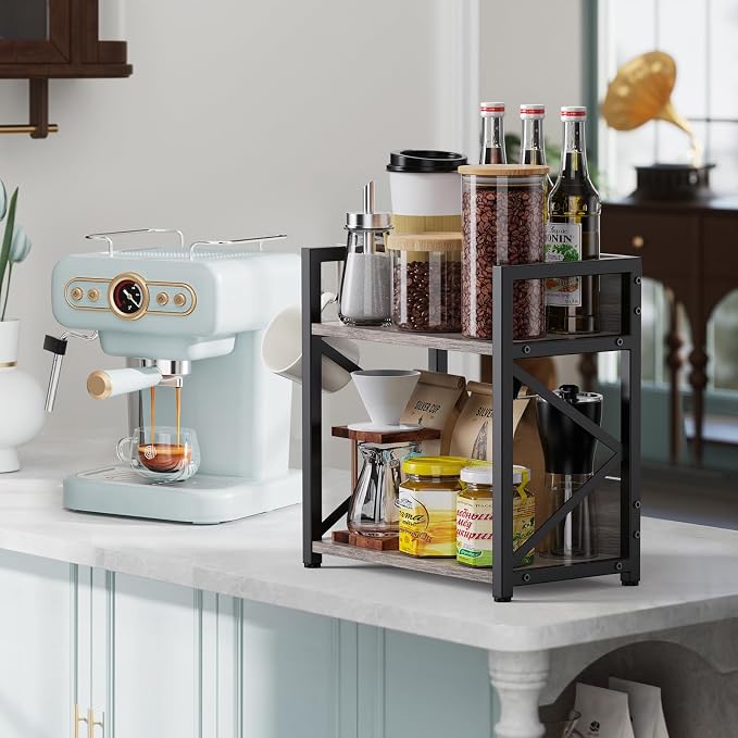 RUILALIFE Spice-Rack-Organizer-Shelf for Kitchen Counter, 2 Tiers Coffee Bar Station Organizer for Countertop，Space Saving Desk Shelving Riser Unit (Grey, Medium) - Image 3