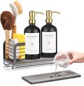 Kitchen Soap Dispenser Set with Drying Tray – 16oz Glass Bottles with Stainless Steel Pumps, Sink Organizer Caddy with Brush Holder & Non-Slip Feet – All-in-One Dish & Hand Soap Station by ORCHID+HOME