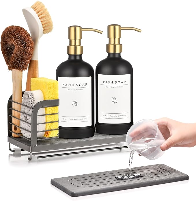 Kitchen Soap Dispenser Set with Drying Tray – 16oz Glass Bottles with Stainless Steel Pumps, Sink Organizer Caddy with Brush Holder & Non-Slip Feet – All-in-One Dish & Hand Soap Station by ORCHID+HOME