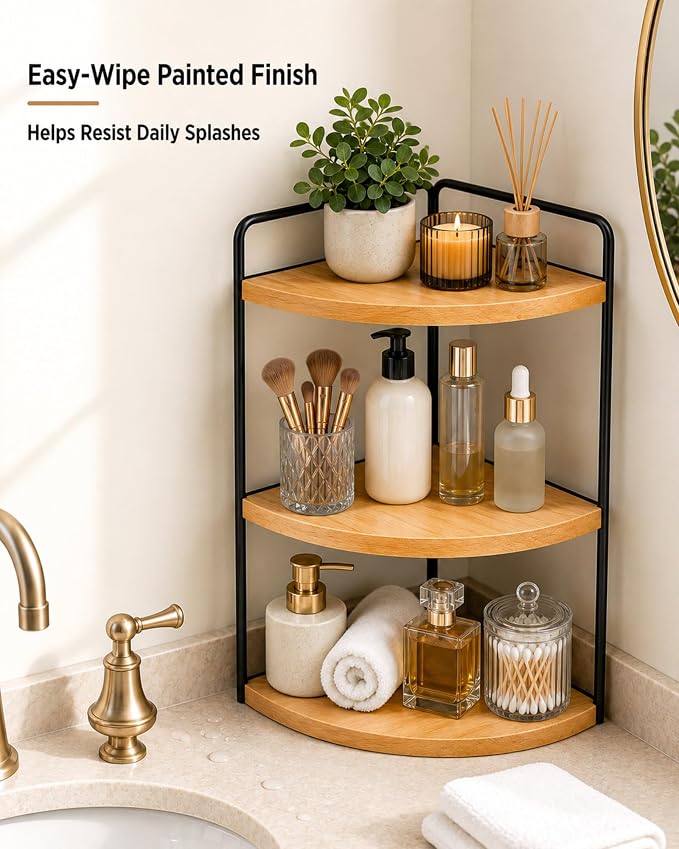 3-Tier Corner Bathroom Countertop Organizer, Solid Pine Wood Vanity Shelf | Natural wood solid pine shelves with 6.3 in clearance for tall bottles, skincare, perfume, and daily essentials. - Image 2