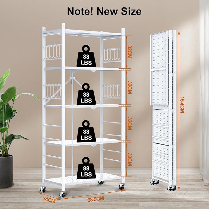Himix 5-Tier Foldable Storage Shelves 20 Hooks Wheels White No Assembly | Folding shelving units, Metal collapsible organization, Wire rack, Unit rolling cart, Bookshelf, Kitchen, Home, Holds 440 Ibs - Image 3