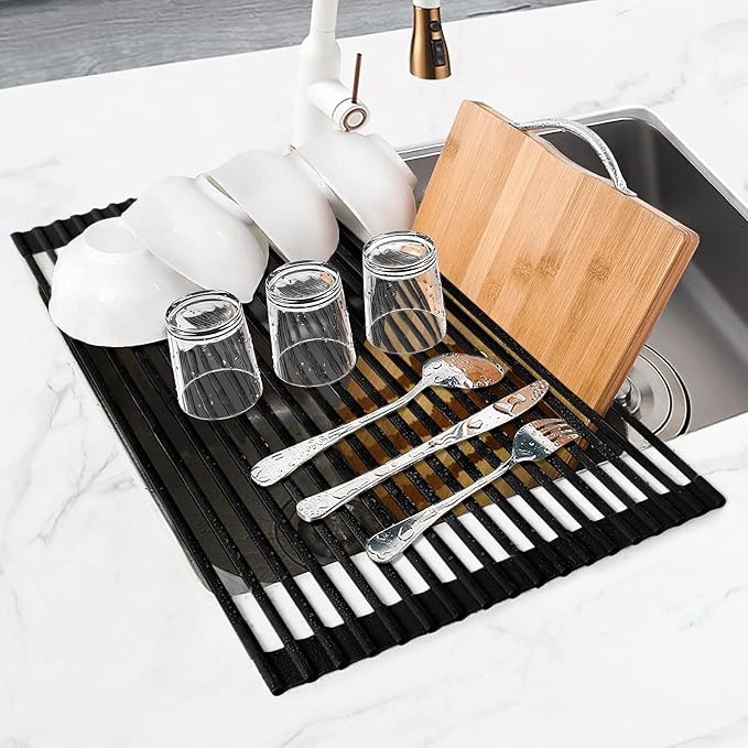MERRYBOX Roll Up Dish Drying Rack, Silicone Wrapped Over The Sink Dish Rack Foldable Dish Drainer Anti-Slip Dish Racks for Kitchen Counter, Multipurpose Kitchen Sink Drying Rack, 18" x 13", Black - Image 9