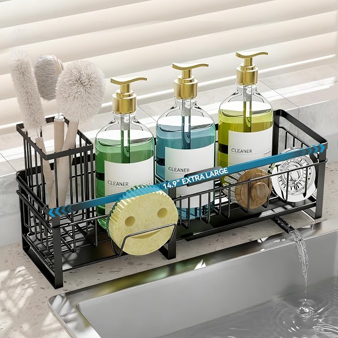 Extra Large Extendable Sponge Holder for Kitchen Sink Caddy Organizer | Rustproof Sink Caddy Organizer with High Brush Holder, Dish Soap Dispenser Organizers and Storage (Black) by Aurblozen