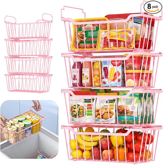 Goovilla Freezer Organizer Bins for 5-7 Cu.FT Chest Freezer, 8 Pack Pink | Foldable Handle Stackable Freezer Baskets, Coated Metal Freezer Storage Bins with Better Space Utilization, Deep Organization by Goovilla