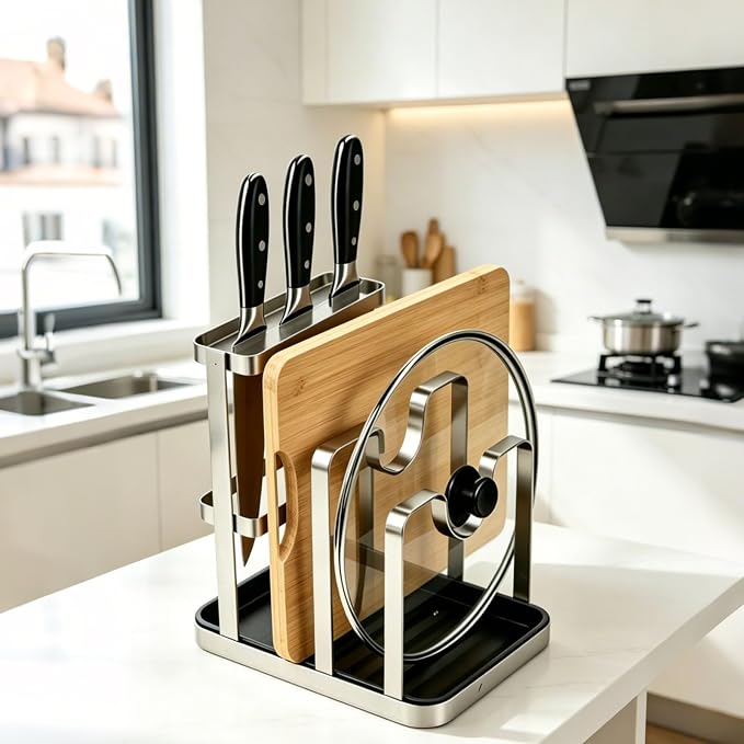 BEEFLYING Pot Lid Cutting Board Holder Organizer for Counterto with Tray | Holds 2 Pot Lids, 7.09*5.5*7.48 In, Stainless Steel, for Holder Spoon Cooking Knives Cutting Board Stove Top Kitchen Counter - Image 4