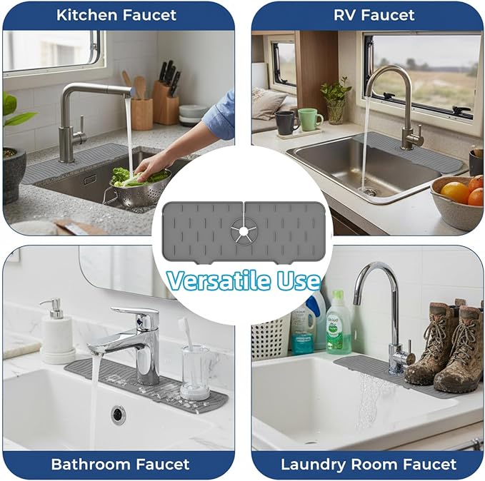 Silicone Faucet Handle Drip Catcher Drying Tray Mat Dish Soap Sponge Holder Accessories Gadgets for Kitchen Counter Bathroom Kitchen Sink Splash Guard (Gray, 14.56") - Image 6