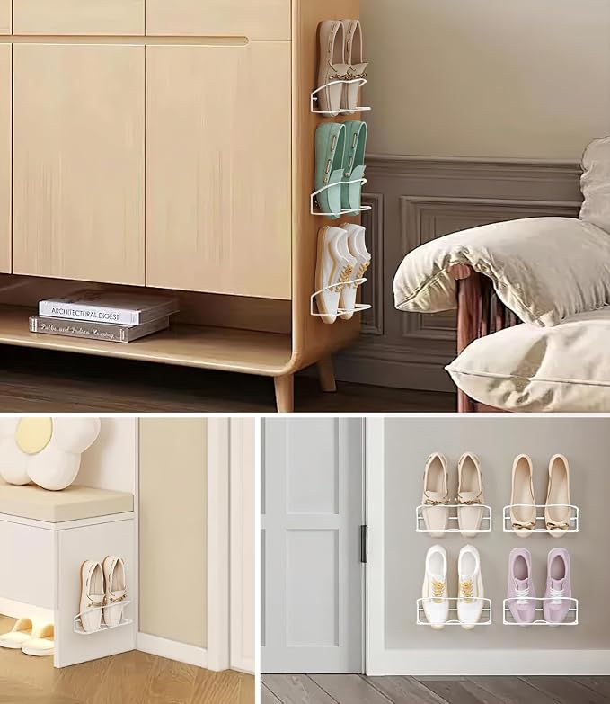4Pack Wall Mounted Shoe Rack with Sticky Hanging Strips (White) | Very Easy to Install no Need to Drill Hanging Shoe Organizer, for RV, Door,Entryway, Bathroom, Living Room, Mud Room, Laundry - Image 5