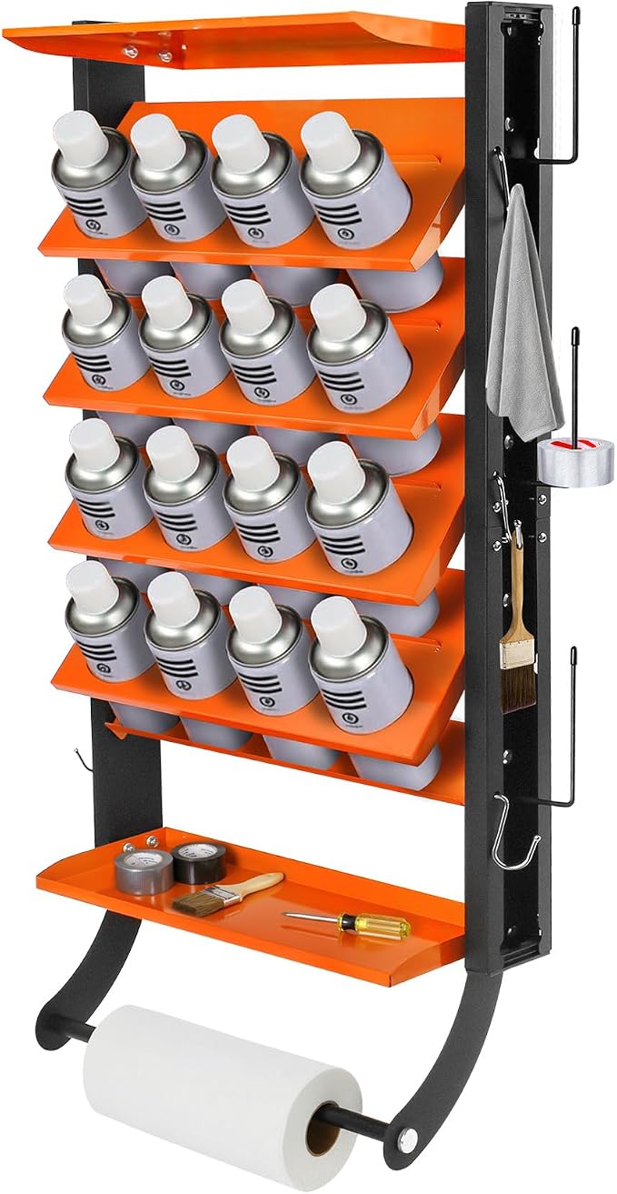 Sidasu Spray Paint Can Holder, 16-Can Heavy Duty Spray Can Organizer | Wall-Mounted, 4-Tier Design, With Paper Towel Rod, Powder-Coated Finish, Storage Rack For Garages and Workshops by Sidasu