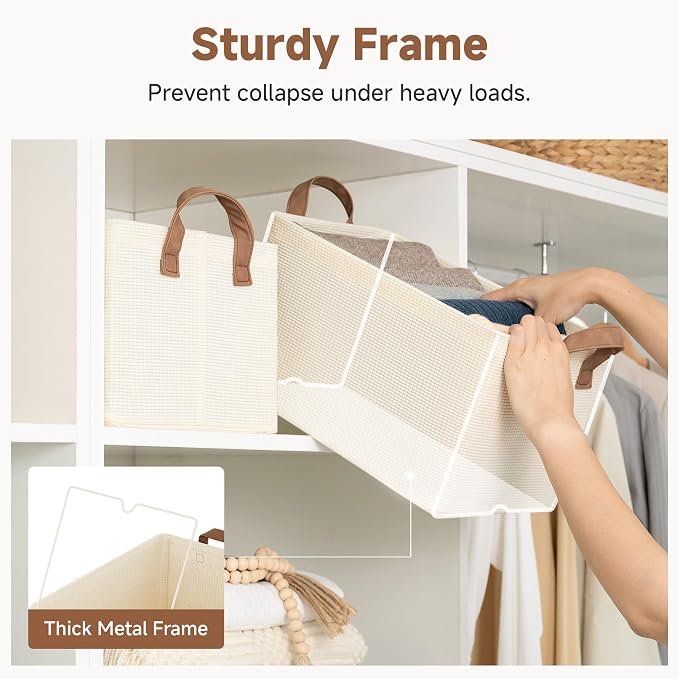 StorageWorks Closet Storage Bins, Shelves Baskets, Beige, 2-Pack | With Reinforced PU Handles, Sturdy Metal Frame, Collapsible, Basket for Shelves, Closet, Holds Clothes, Towels, Blankets - Image 4