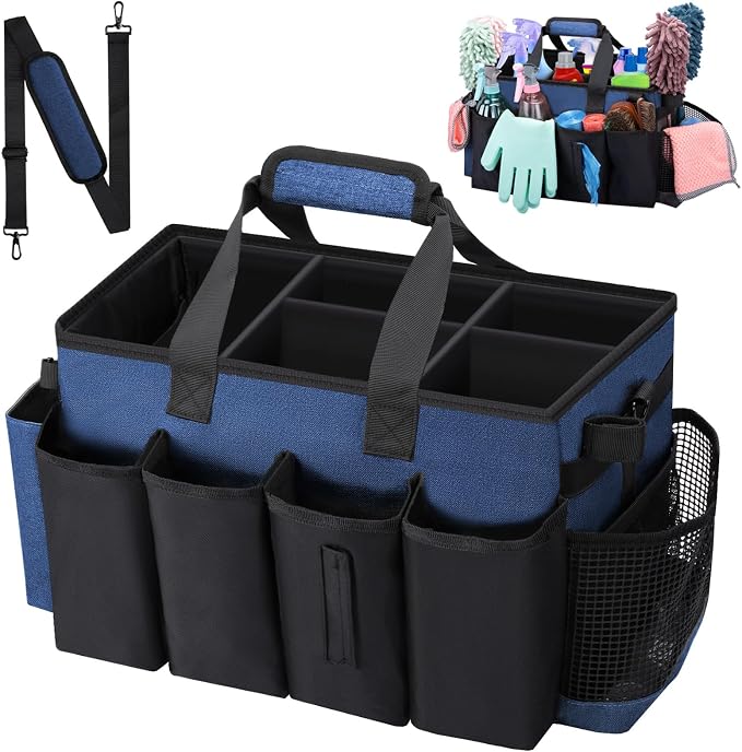 Wearable Large Cleaning Caddy Bag for Housekeepers (Blue) | Cleaning Supplies Organizer with Adjustable Shoulder, Waist & Handle Straps, Detailing Bag for Kitchen Supplies by wigojoy