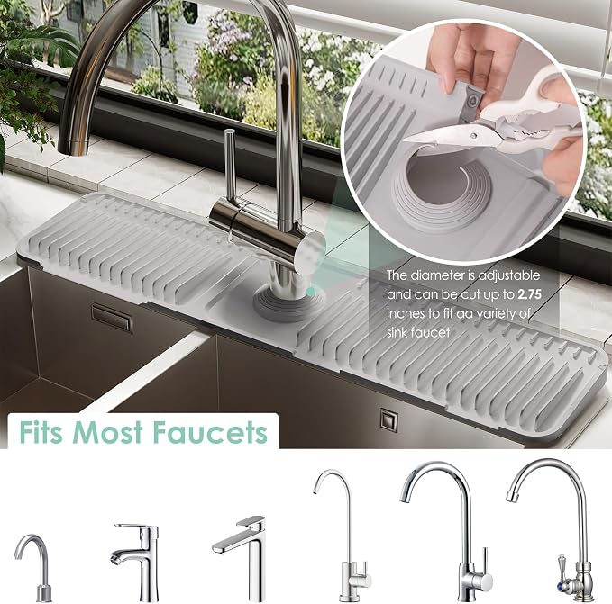24-Inch Silicone Faucet Mat for Kitchen Sink Splash Guard, 7° Slope | 24"x5.5" water draining mat with fasten button; 1.6-2.75" customizable hole for bathroom, RV & kitchen sink drip catcher. - Image 3
