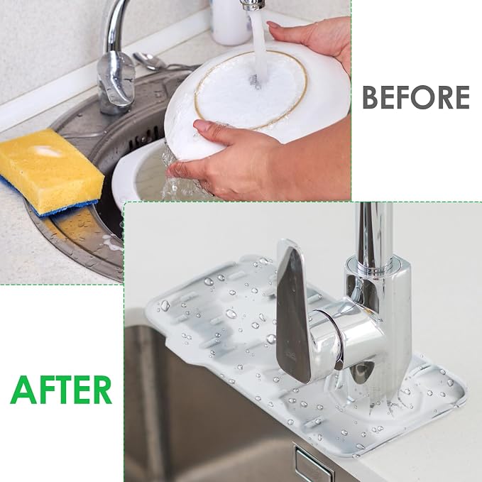 Dimeho Sink Faucet Splash Guard Mat Silicone Soap Dish Pad Faucet Handle Drip Catch Sponge Holder Sink Protector Trays for Bathroom Kitchen Countertop Gadgets Accessories 8.3 x 5.7 Inch (Marble) - Image 4