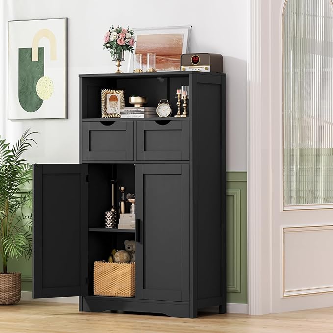Iwell Storage Cabinet with Doors & Shelves, Kitchen Pantry Cabinet, Bathroom Cabinets for Living Room, Kitchen, Laundry, Black - Image 2