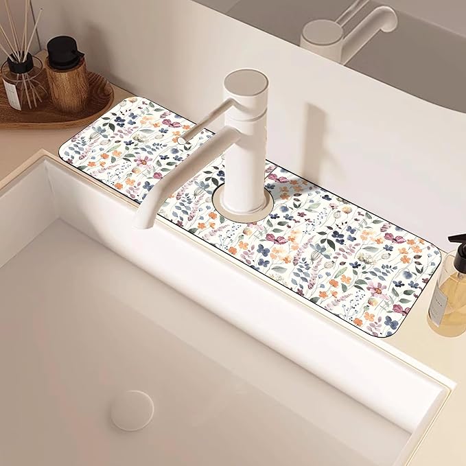 Kitchen Faucet Mat Watercolor Multicolor Botanical Plants Sink Splash Guard Behind Faucet Draining Mat Kitchen Accessories Non-slip Easy to Clean for Bathroom & Kitchen 15"X5.5" - Image 5