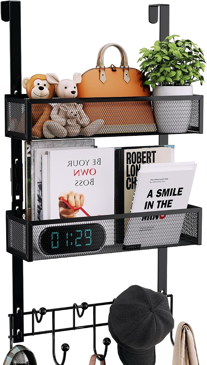 Consumest Over The Door Hooks Organizer - 3 Tier Door Hanger with 9 Coat Hooks & 2 Mesh Basket, Back Storage Organizer Hanging Towels for Bathroom, Bedroom, Black by Consumest