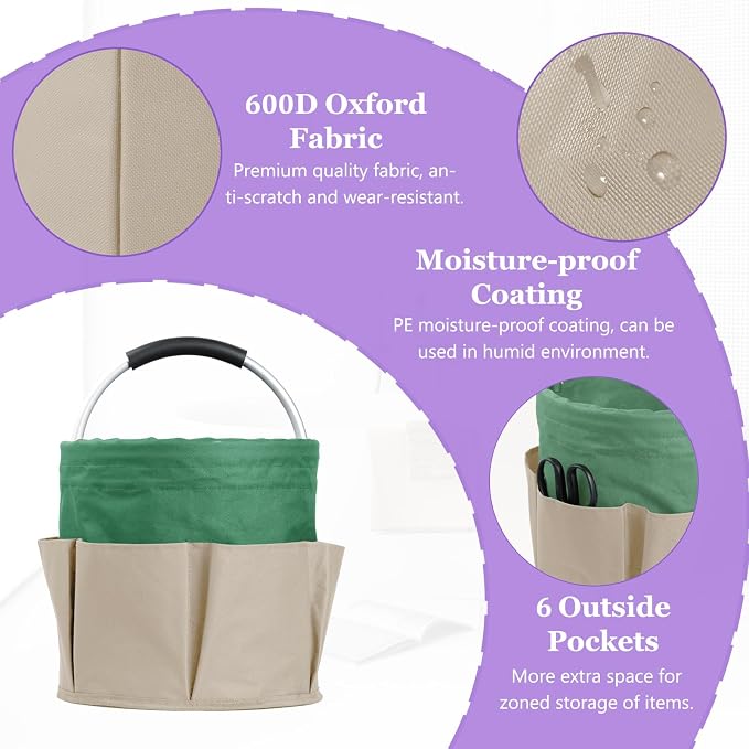 17L Foldable Cleaning Supplies Caddy with Handle, Khaki with Green | IHOMAGIC 6-Pocket Tool Bag, 600D Oxford Cleaning Tote Bucket, Portable Storage Basket Organizer for Car Detailing, Gardening - Image 5