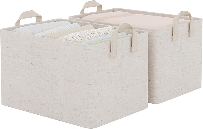 StorageWorks Linen Closet Organizers, Fabric Storage Bin, Beige, 2-Pack | Large, With Reinforced PU Handles, Metal Frame, Collapsible, Basket for Shelves, Closet, Holds Clothes, Towels, Blankets by StorageWorks