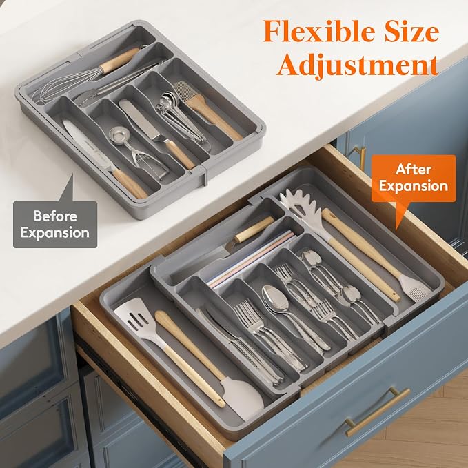 Lifewit Utensil Organizer for Kitchen Drawer, Expandable Cooking Silverware Tray, Adjustable Cutlery Flatware Holder, Plastic Spatula Tools Storage Divider, 11.8-19.6 x 15", Gray - Image 7