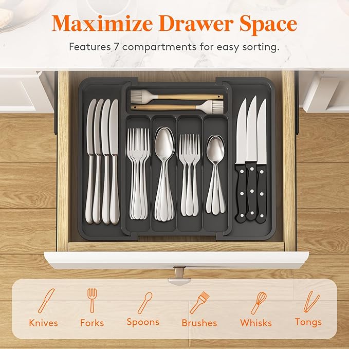 Lifewit Silverware Drawer Organizer, Expandable Utensil Tray | BPA Free Flatware Cutlery Holder for Kitchen, Adjustable Plastic Storage for Spoons Forks Knives, 8.9-14.7 x 12.2, Black - Image 5