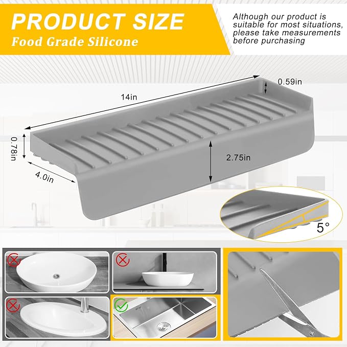 Silicone Sink Edge Protectors - Multifunction Accessories, Splash Guard & Draining Mat for Kitchen, Bathroom Sink, Steel, Granite, Quartz Countertops (Gray, 4 * 14in) - Image 3
