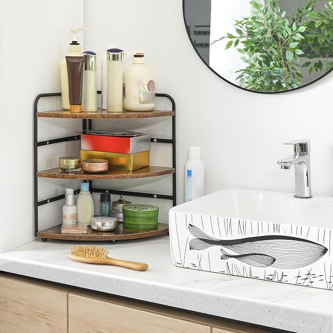IBUYKE Corner Shelf,Wood Kitchen Spice Organizer,Brown TWJ002H | Bathroom Counter Organizer 3-Tier Spice Rack for Small Spaces Cosmetic Storage Perfume Holder Adjustable Height - Image 5