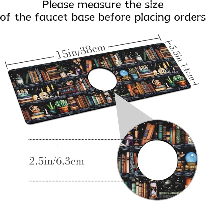 Halloween Kitchen Sink Splash Guard Faucet Mat,Black Witches Bookshelf Skulls Halloween Faucet Non-slip Absorbent Mat,Farmhouse Sink Splash Guard Behind Faucet for Kitchen Bathroom,15"x5.5" - Image 2