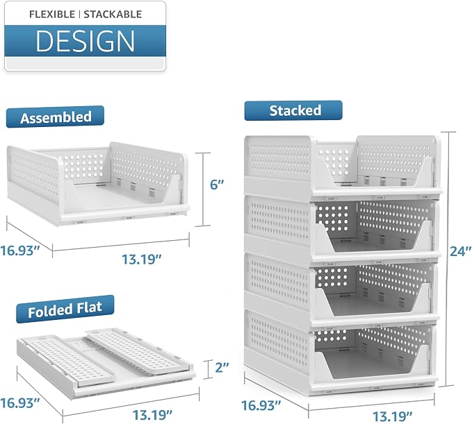 Sorbus 4 Pack Folding Closet Shelf Organizer for Clothes, Versatile Stackable Storage Baskets for Closet, Bathroom, Kitchen and Garage with Easy Access Open Front Design, Plastic Organizer Shelves - Image 6