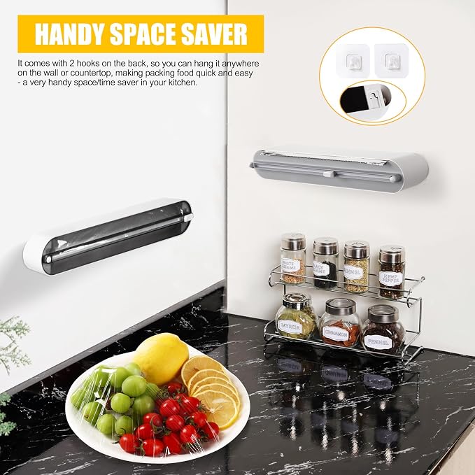 Aluminum Foil & Plastic Wrap Dispenser with Slide Cutter - Magnetic & No-Drill Wall Mount, Cling Film Dispenser for Worktops & Cabinets, Space-Saving Kitchen Organizer - Fits 12" Rolls, White - Image 6