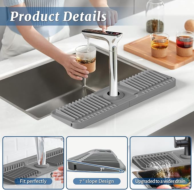 PoYang 17.7 Inch Faucet Mat for Kitchen Sink Splash Guard, Silicone, Grey | Sink Protectors with 7° Slope for Smooth Drainage, Snap Button Holds It in Place, 90° Foldable & Cuttable Hole Fit Most Sinks - Image 8