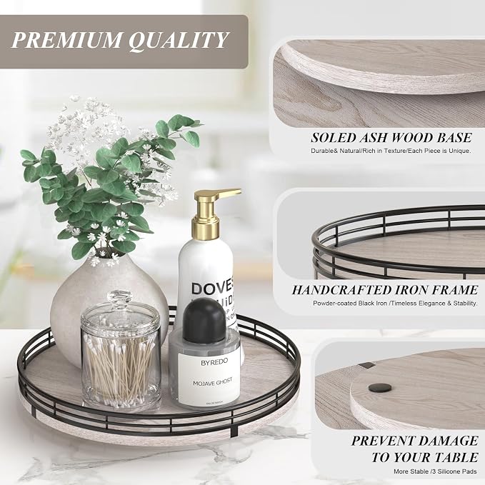 AMH 10-Inch Rustic Whitewashed Oak Lazy Susan Vanity Tray | Smooth rotating oak tray with walnut finish for dining tables, kitchen counters, pantries and cabinet storage. - Image 5