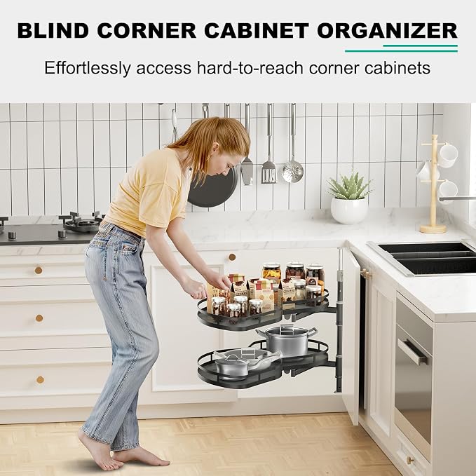 Blind Corner Cabinet Pull Out Organizer Swing Left Lazy Susan for Corner Cabinet 32in, 2-Tier Shelf Kitchen Cupboard Magic Corner Pull Out with Soft Close, Adjustable Height, Metal Black - Image 2