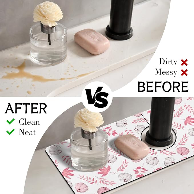 Fall Kitchen Sink Splash Guard Faucet Mat,Pink Maple Leaf Pumpkin Autumn Thanksgiving Faucet Non-Slip Absorbent Mat,Farmhouse Sink Splash Guard Behind Faucet for Kitchen Bathroom, 15"x5.5" - Image 3