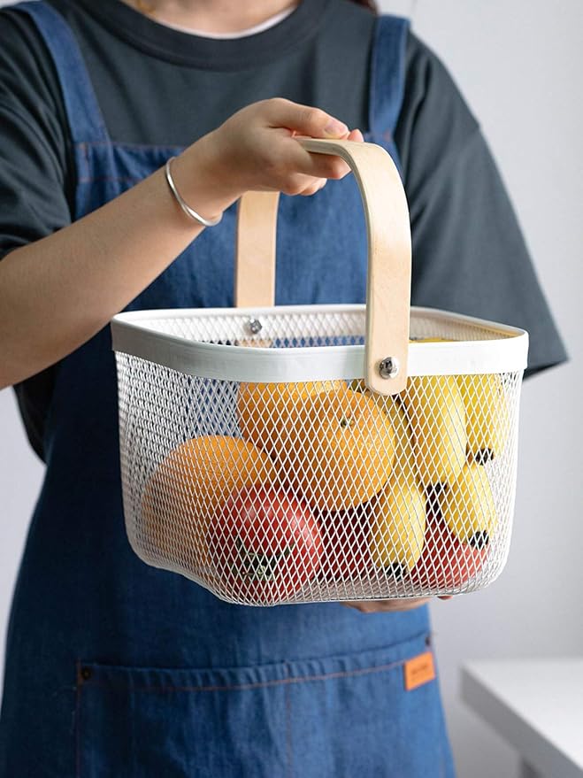 AJIODA Metal Mesh Steel Basket, Storage Organizer Basket Multi-functional Hanging Kitchen Baskets Fruit Basket Bin with Bamboo Handle for Kitchen Bathroom Picnic Shopping Decor Cabinet Home, White - Image 8