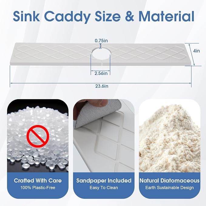 Stone Faucet Mat for Kitchen Sink, Diatomite Drying Stone Tray Sink Protector, Water-Absorbing Splash Guard, 2 Pieces Faucet Mat Together with Sandpaper, Prevent Moisture on Kitchen Bathroom Counter - Image 3