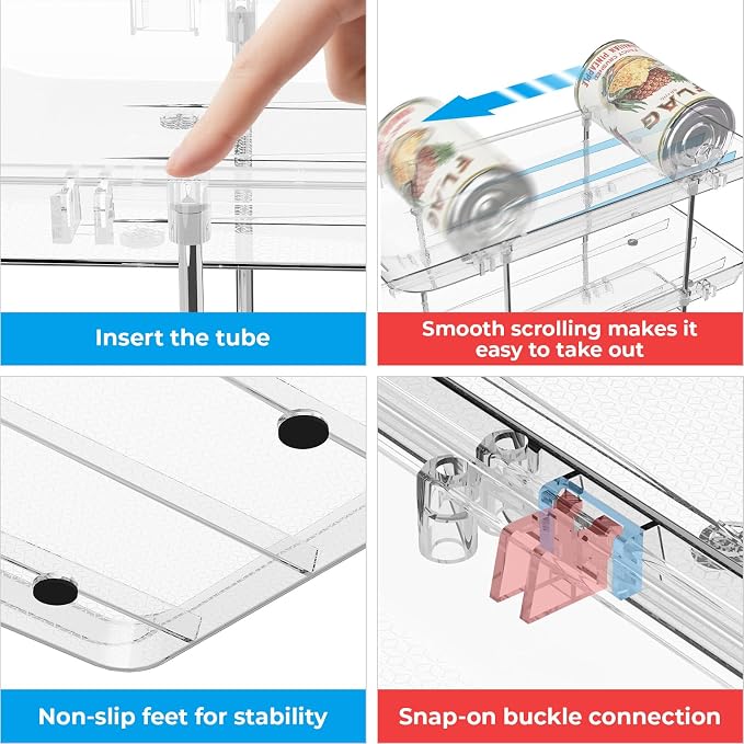 Can Organizer for Pantry 4 Tiers Rolling Can Storage Cupboard | Automatic Rolling Holds 48 Cans Combinable Canned Food Organizer Soda Can Organizer for Cupboard Cabinets Pantry Fridge Clear - Image 7