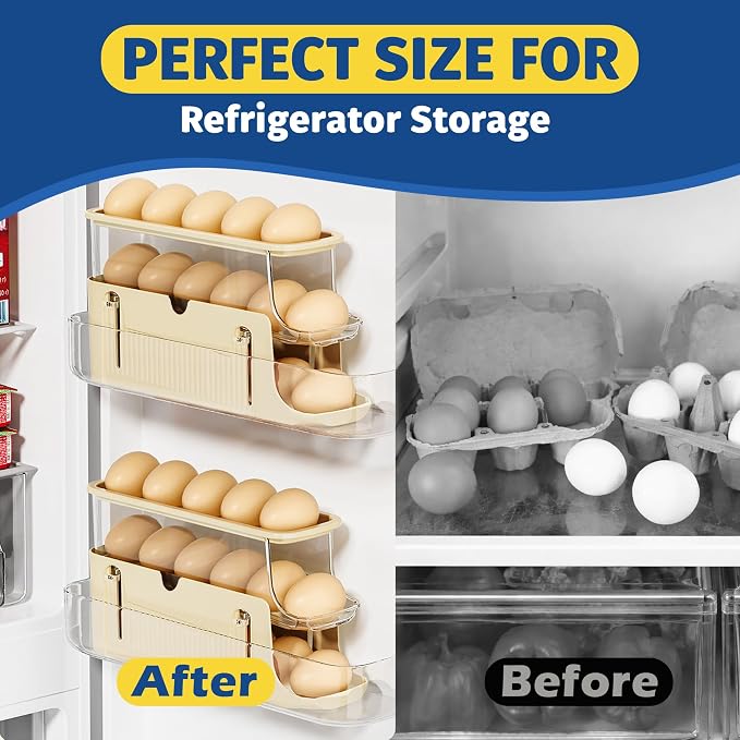 Adjustable Egg Holder for Fridge, Space Saving Egg Organizer Container, Automatic Rolling Egg Dispenser for Refrigerator, Clear Tray for Kitchen Countertop, Home, RV and Dorm Room - Image 3