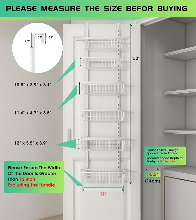 Mefirt 12 Inch Wide Narrow Over The Door Pantry Organizer 6-Tier White | Pantry Hanging Organizers and Storage, Adjustable Heavy-Duty Metal for Home & Kitchen, Back of Door Seasoning Rack - Image 2