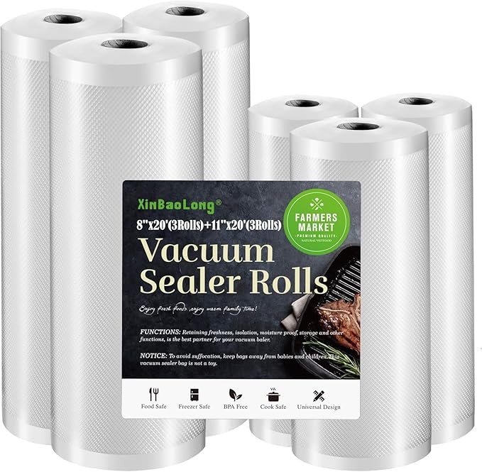 Vacuum Sealer Bags For Food 6 Pack (3 Rolls 11"x20' + 3 Rolls 8"x20') | Commercial Grade, BPA Free, Freezer Bags, Sous Vide Cooking, Puncture Prevention, Kitchen Essentials by xinbaolong