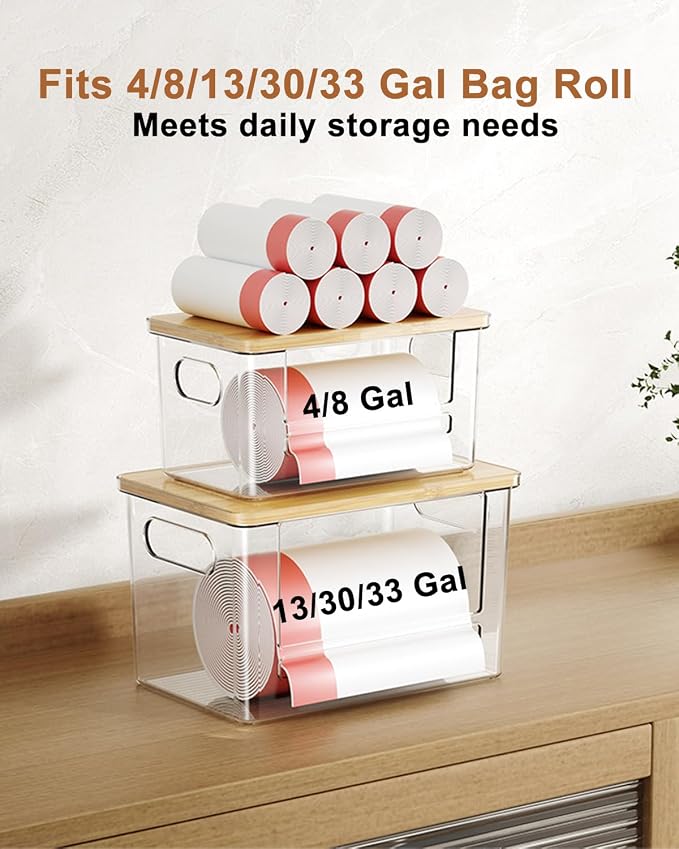 Trash Bag Dispenser 2 Pack (XL+S) - Trash Bag Holder with Bamboo Top | Acrylic Garbage Bags Dispenser Under Sink Organizer for Pantry, Kitchen, Laundry Room, Cabinet 2 Pack (XL+S) - Image 6