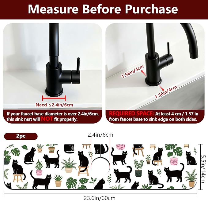 2 Pcs Kitchen Sink Splash Guard Faucet Mat Potted Cat Pattern Faucet Mat for Sinks Flower Absorbing Drying Mats for Kitchen Bathroom - Image 2