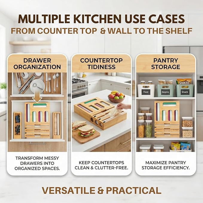 9 in 1 Bamboo Kitchen Drawer Organizer for Storage Bags, Foil & Plastic Wrap Holder with Built-In Cutter, Fits Gallon, Quart, Sandwich, and Snack - Image 4