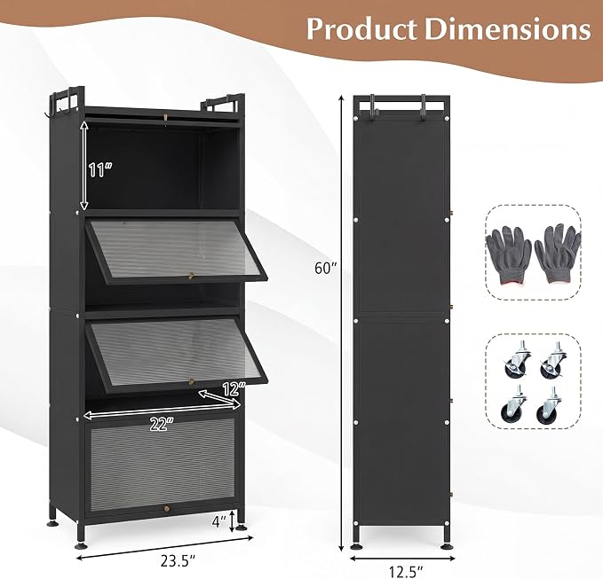 GIANTEX 5-Tier Kitchen Storage Cabinet, 4 PC Doors, Rolling Wheels, Black | Mobile Metal Pantry Cabinet with 4 Hooks & Adjustable Feet, 60" Baker's Rack Microwave Stand for Dining & Living Room - Image 3