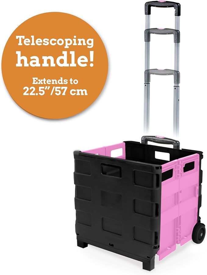 Inspired Living Ultra-Slim Rolling Collapsible Storage Pack-N-Roll Utility-carts, with Telescopic Handle, for Home, Garden, Shopping, Office, School use, Medium, Pink & Black - Image 4