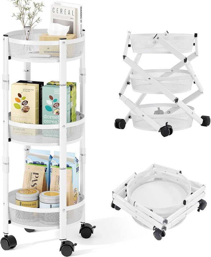 TOOLF 3 Tier Foldable Rolling Cart, Metal Utility Storage Cart, White | Assembly-Free, Lockable Wheels, Round Trolley Organizer for Bathroom, Kitchen, Office, Dorm, Laundry, Craft Room - Image 2