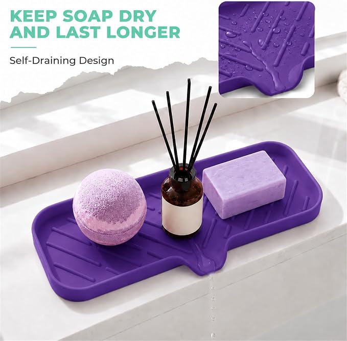 MicoYang Silicone Soap Dish with Drain Spout — Self-Draining Double Sink Organizer Tray for Kitchen & Bathroom, Dispensers, Sponges & Soap Holder, Non-Slip & Dishwasher Safe, Purple (Large, 12"×4") - Image 7