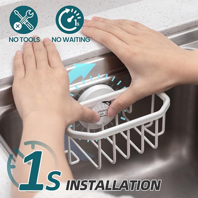 TAILI Sink Caddy with Strong Suction Cup, Sponge Holder for Sink-White | for Kitchen Sink Organizer, Removable Sponge Caddy Inside Sink, Rustproof Aluminum Holder for Sponges, Brushes, Scrubber - Image 2