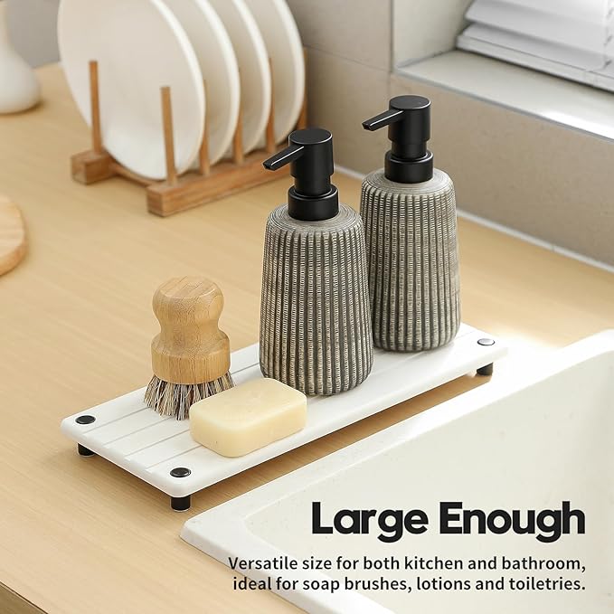 Instant Dry Sink Caddy Kitchen Sink Organizer, Quick Drying Stone Tray Diatomite Sponge Holder Soap Dish, Bathroom Countertop Fast Dry Water Absorbing Vanity Rack, White, 12" x 5" - Image 7